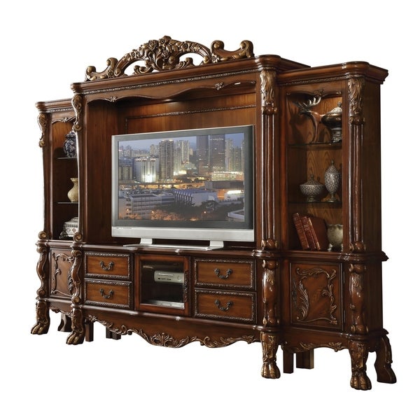 Baroque Style Wooden Entertainment Center with 2 Side Piers， Brown