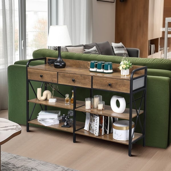 Console Table with Outlets and USB Ports， Narrow Entryway Table with 3-Drawer