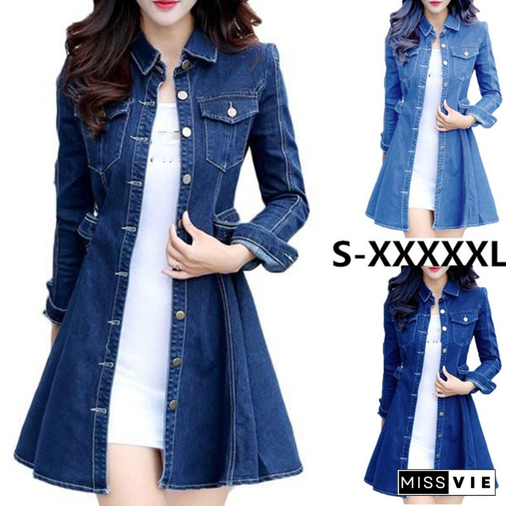 3 Colors Fashion Women Casual Denim Pockets Designed Doll Collar Overcoats Elegant Lady Denim Dress Coat Plus Size S-5XL