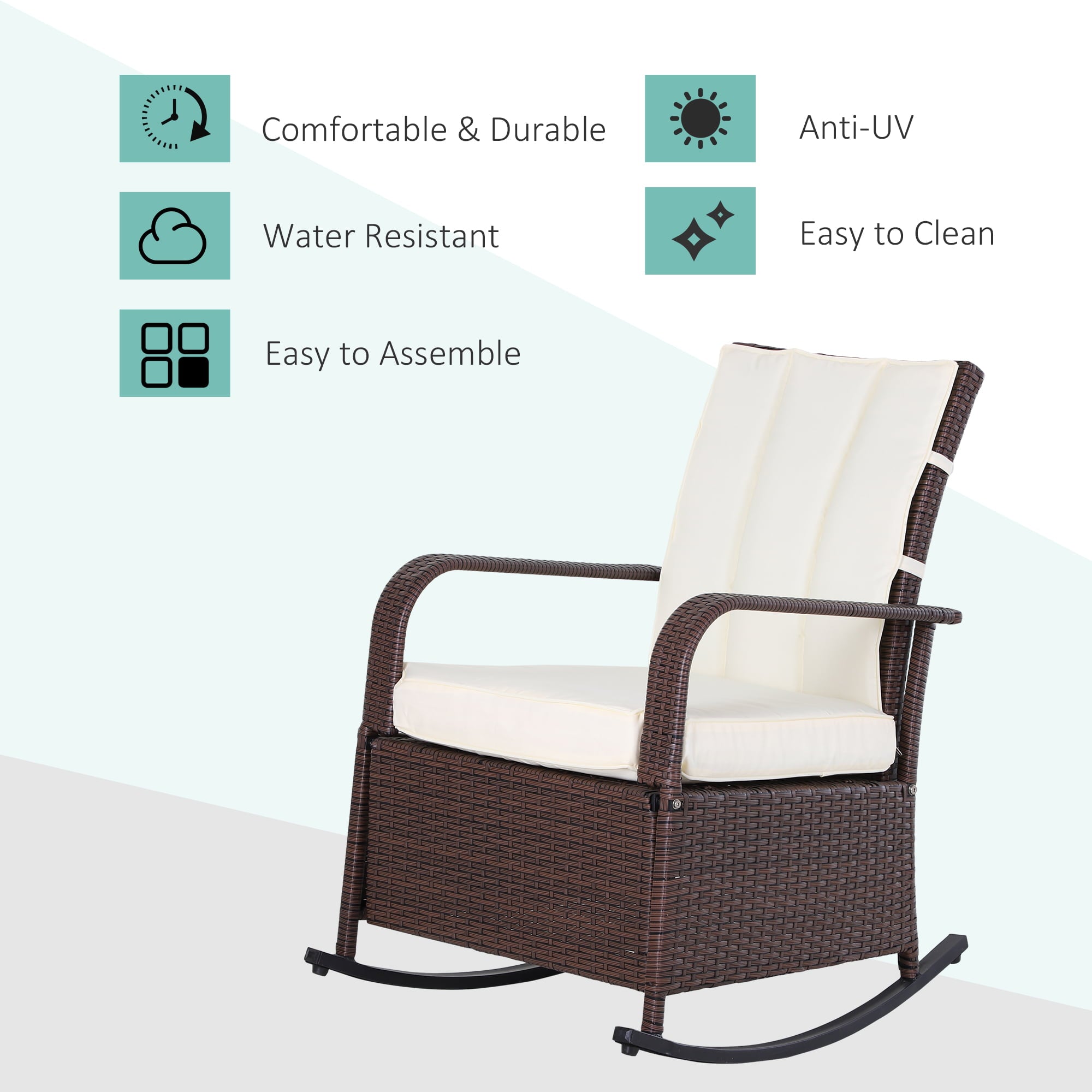 Outsunny Outdoor Wicker Rocking Chair with Soft Cushion, Patio Recliner with Armrests, and Max. 135 Degree Backrest, Beige