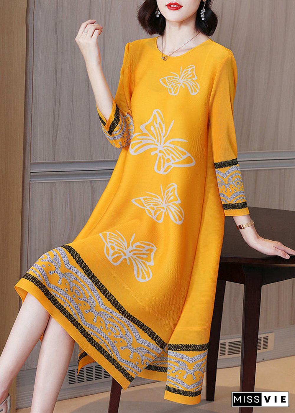 Boutique Yellow O-Neck Print Low High Desig Maxi Dresses Long Sleeve