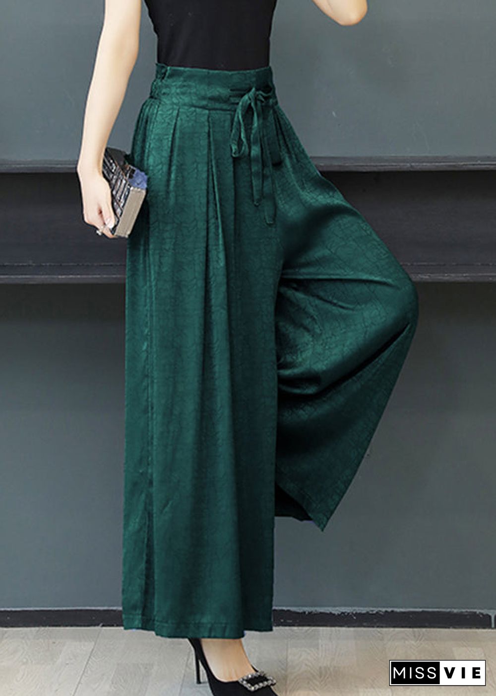 Loose Green Pockets High Waist Tie Waist Maxi Pants Fall