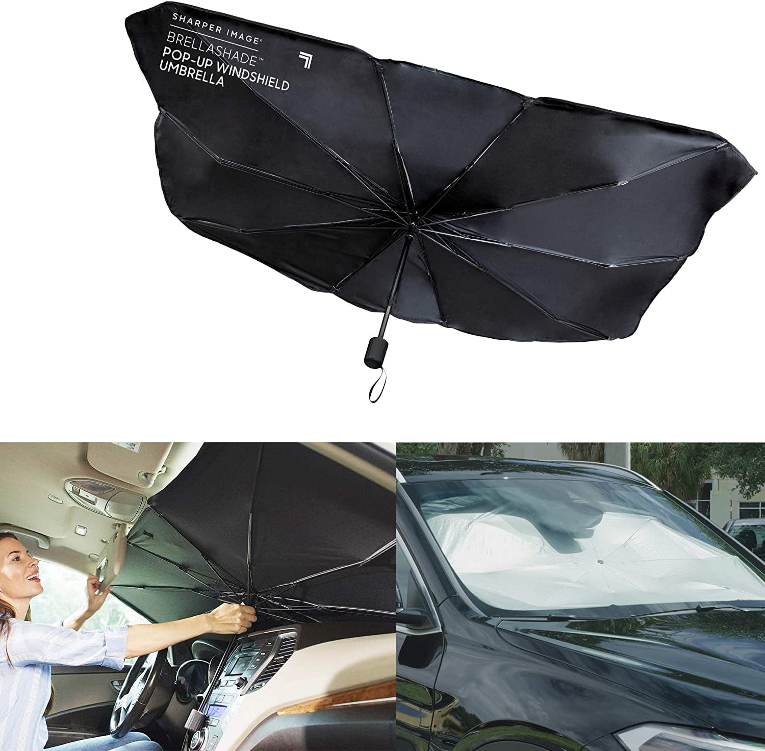 Sharper Image BrellaShade Pop-up Windshield Umbrella， Protects from UV Rays and Sun's Heat， Black