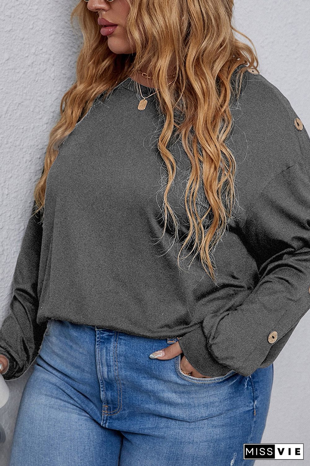 Plus Size Button Sleeve Plain Top