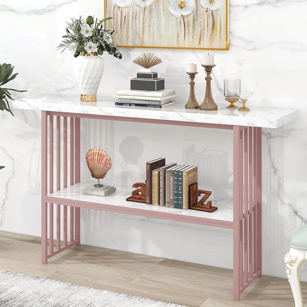 Modern Console Table， Entryway Table with 2 Shelves， Metal Frame