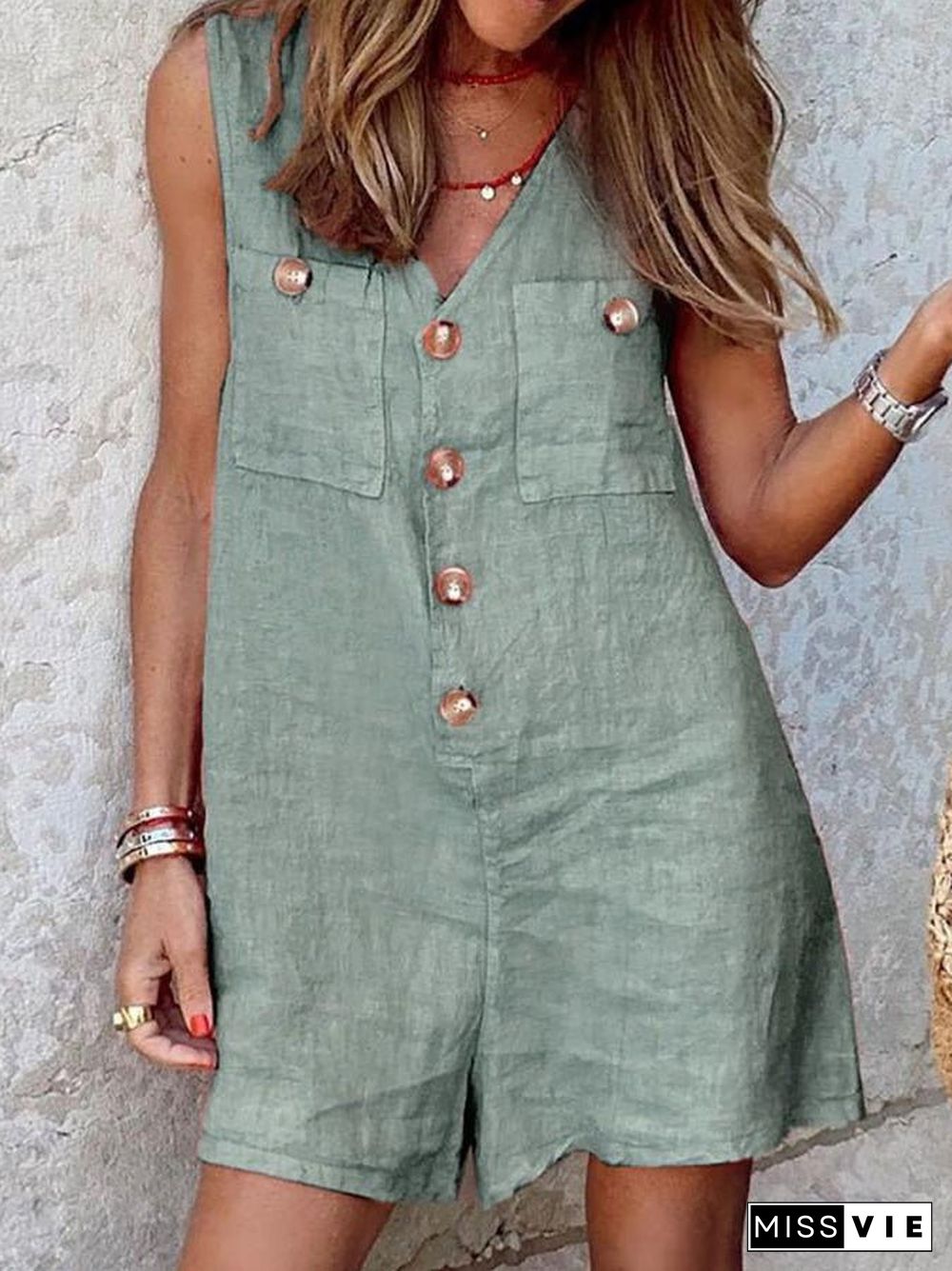 Women'S Jumpsuits V-Neck Button Pocket Sleeveless Jumpsuit