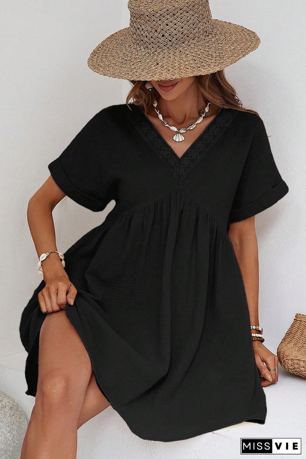 Folded Short Sleeve Lace V Neck Mini Dress