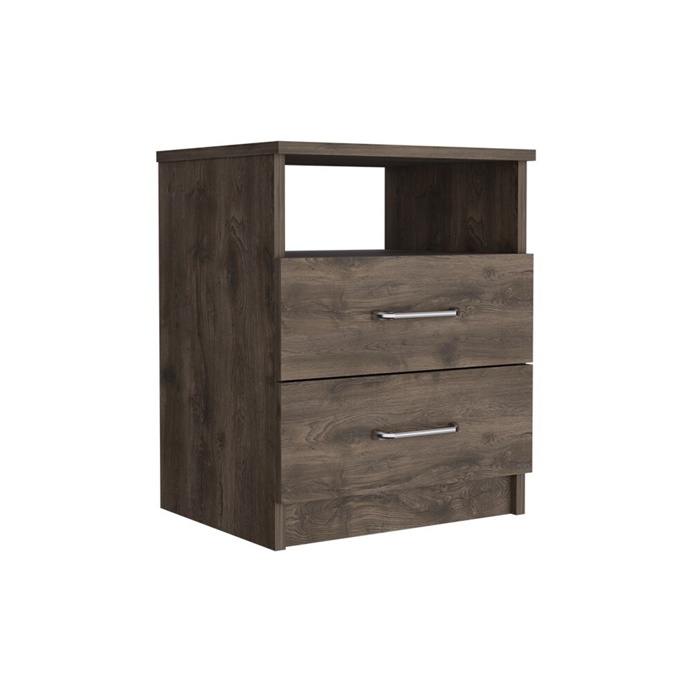 Dark Brown 2 Drawer Nightstand Bedside Table with Shelf