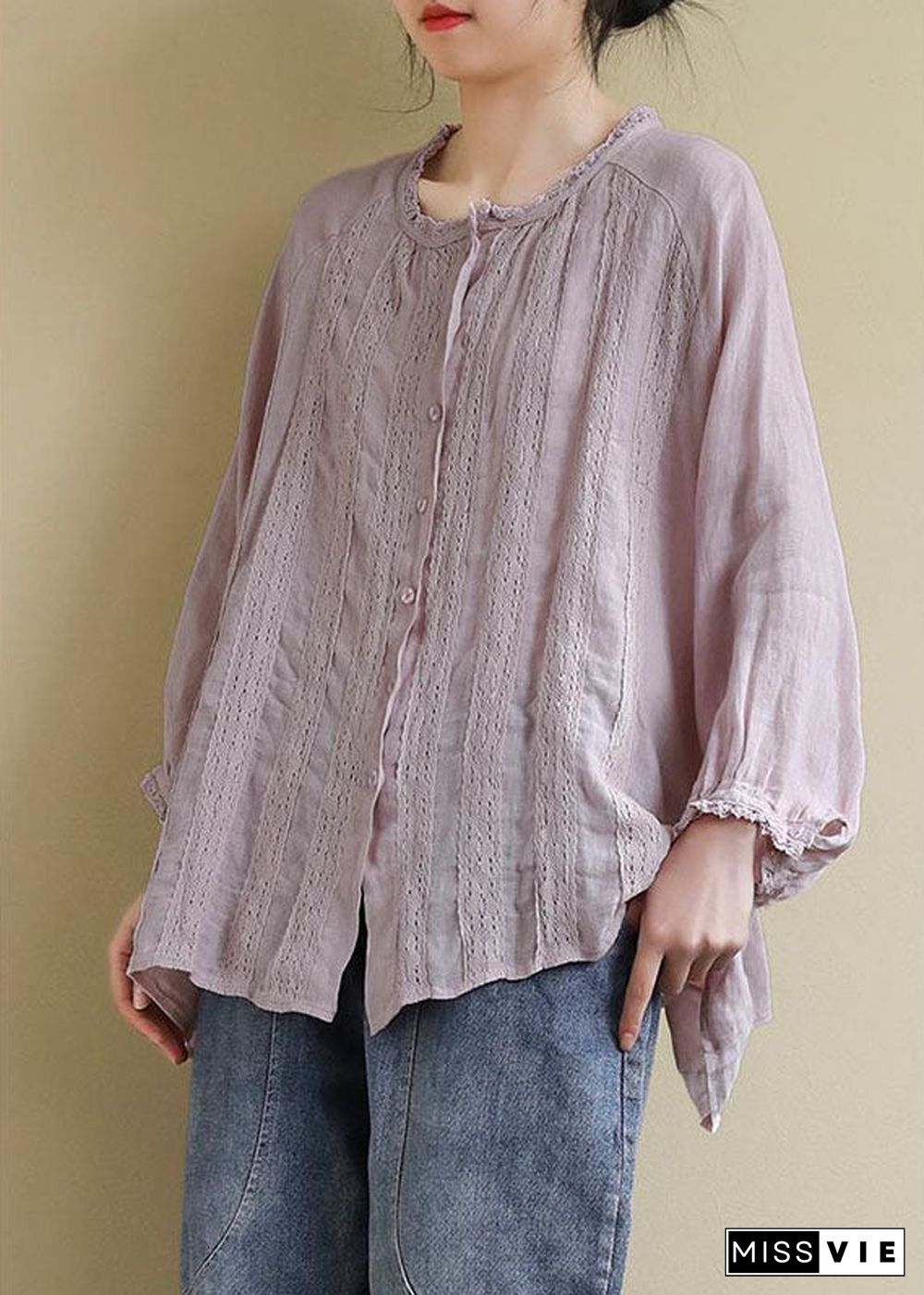 Pink Linen Shirt Tops Ruffled Long Sleeve