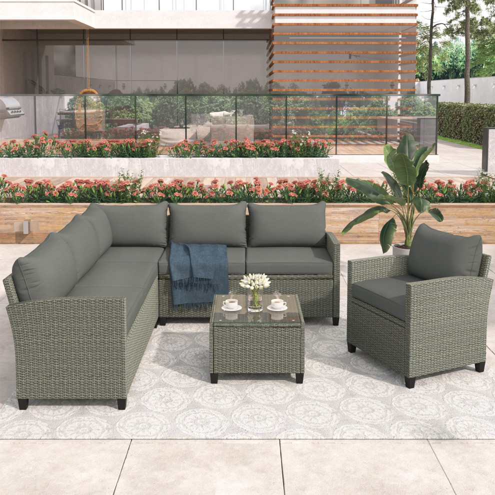 5 Pieces Outdoor Rattan Patio Sectional Sofa Set with Coffee Table   Tropical   Outdoor Lounge Sets   by AquaView Inc  Houzz