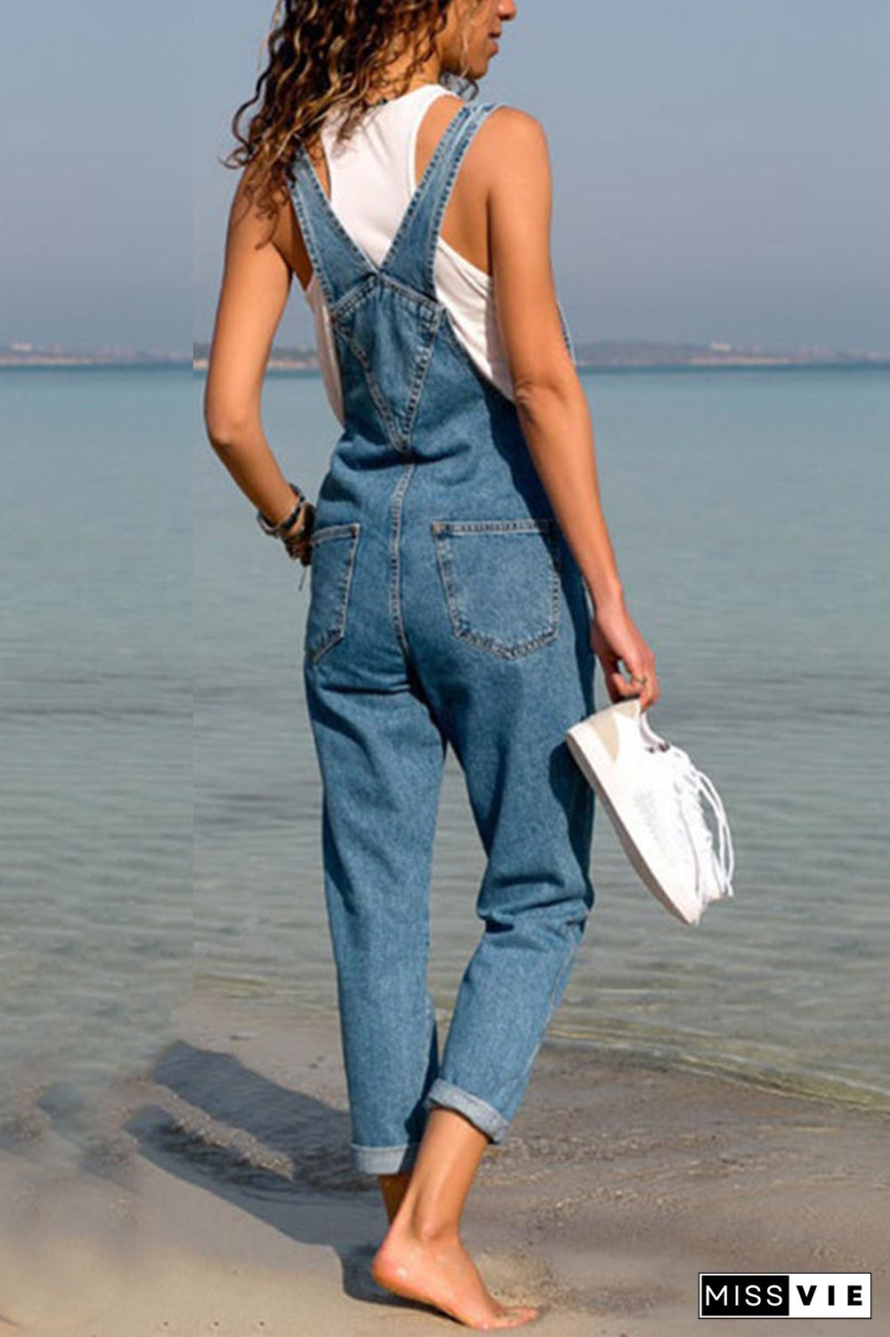 Criss Cross Back Denim Plus Size Jumpsuit