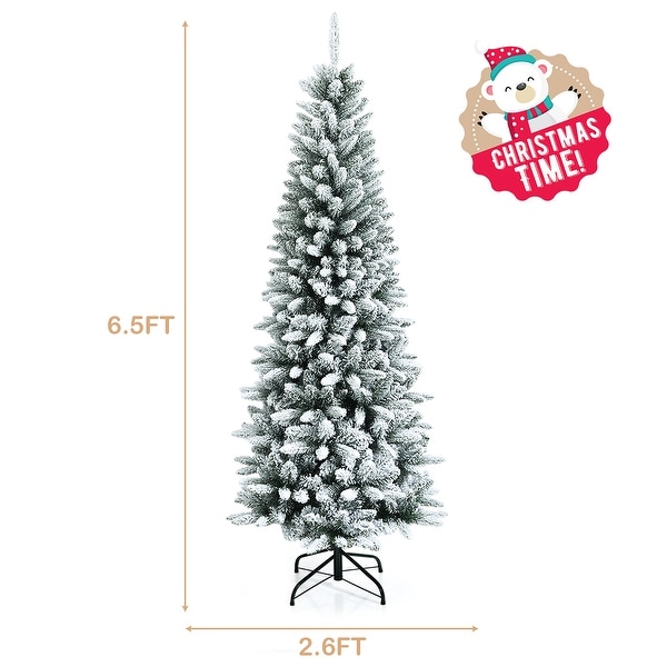 6.5FT Slim Snow Flocked Christmas Tree Hinged Pencil Tree with Stand