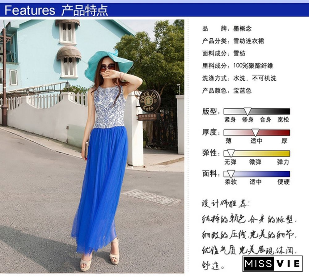 spring occident Retro Blue and white porcelain Printing short sleeve dress