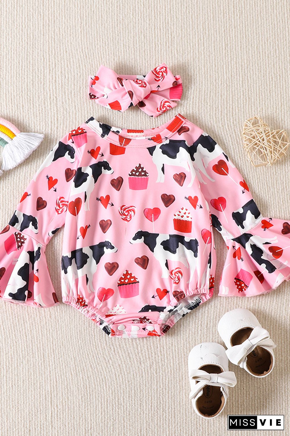 Pink Heart Cow Print Flare Sleeves Romper