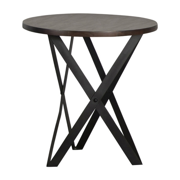 24 Inch Side End Table， Round Acacia Wood Top， Crossed Metal Legs， Grey - 23L x 23W x 24H， in inches