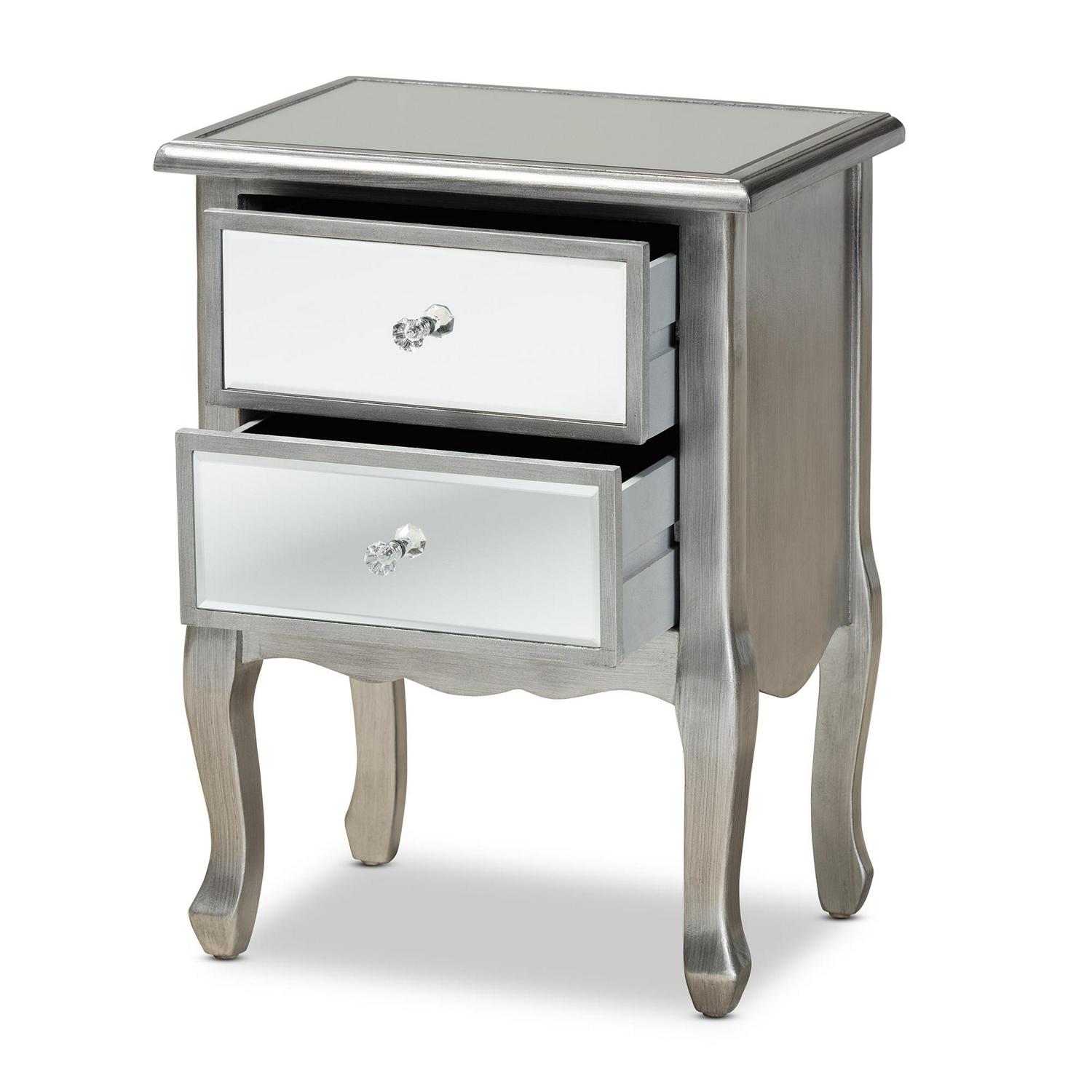 Baxton Studio Leonie Modern Transitional French Brushed Silver Finished Wood and Mirrored Glass 2Drawer Nightstand  Crowdfused