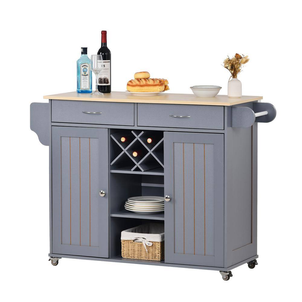 Blue Kitchen Island Cart with Two Storage Cabinets Four Locking Wheels Wine Rack Two Drawers Spice Rack Towel Rack EC-KCGB-5162