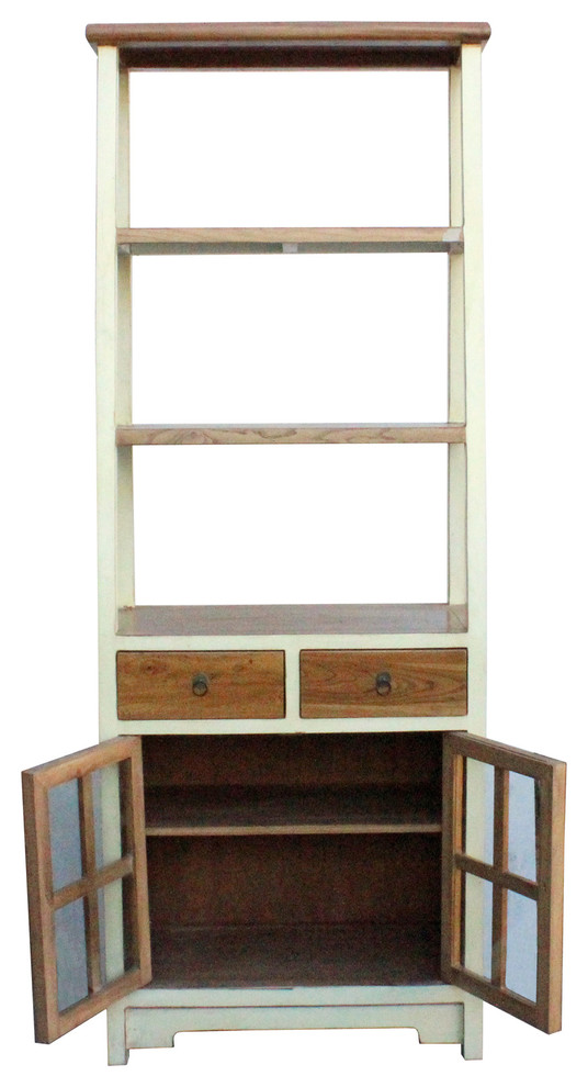 Oriental Cream White Brown Glass Door China Bookcase Cabinet Hcs4173   Transitional   Bookcases   by Golden Lotus Antiques  Houzz