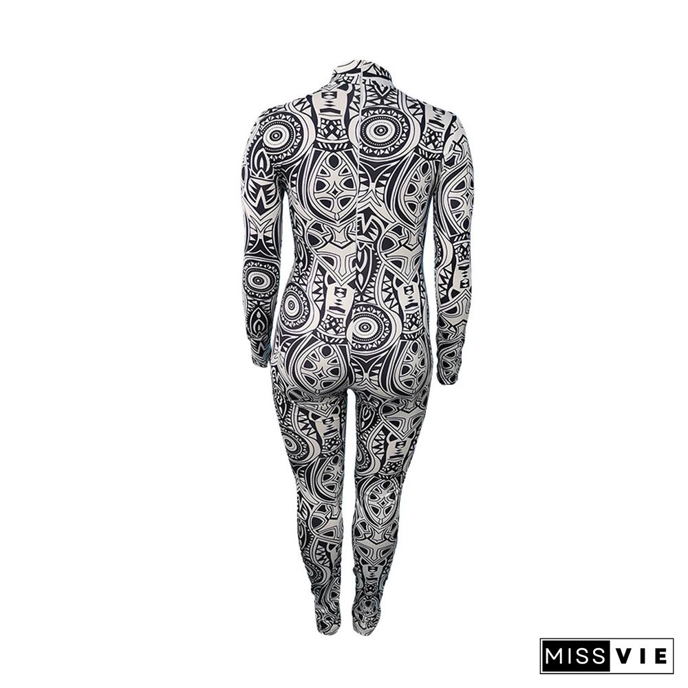 Workout Printing Bodycon Long Sleeve Jumpsuit