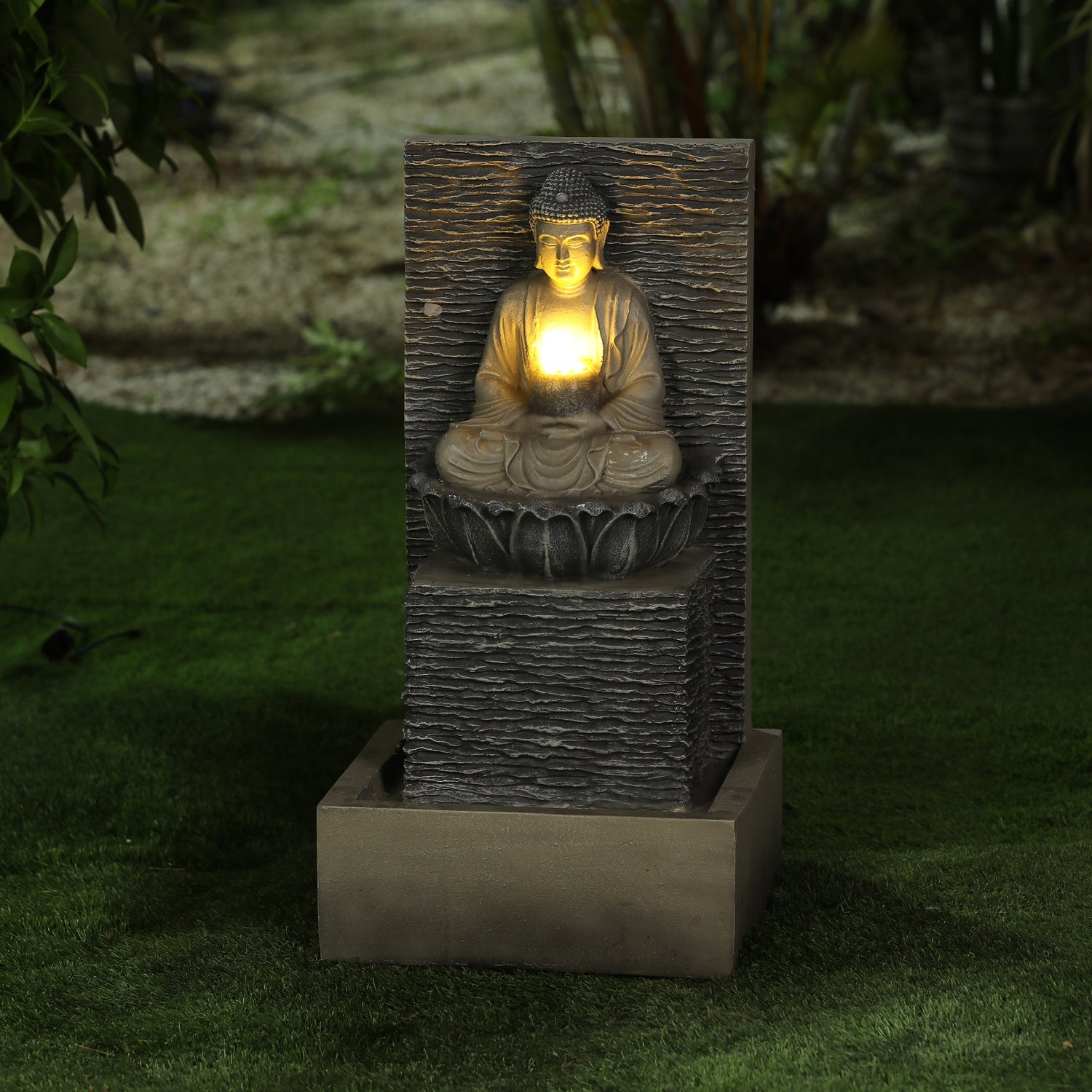 LuxenHome Gray Resin Meditating Buddha with Pedestal Outdoor Fountain with LED Light