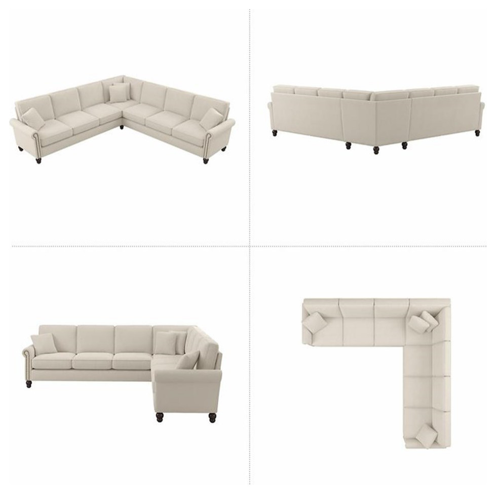 Pemberly Row 111W L Shaped Sectional in Cream Herringbone Fabric   Traditional   Sectional Sofas   by Homesquare  Houzz