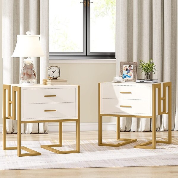 White and Gold Nightstand with 2 Drawers，End Table for Bedroom - - 36917906