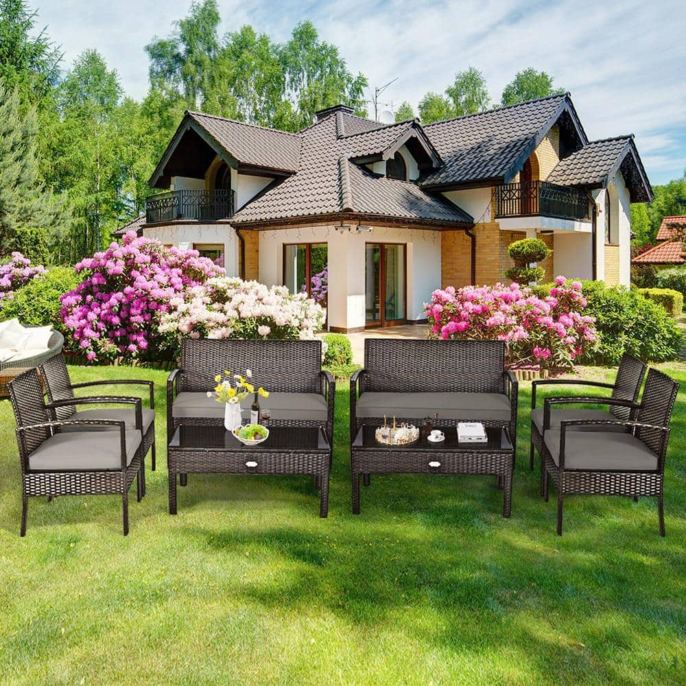 Gymax 8-Pieces Rattan Wicker Patio Garden Furniture Set Black Rattan with Gray Cushion GYM05022