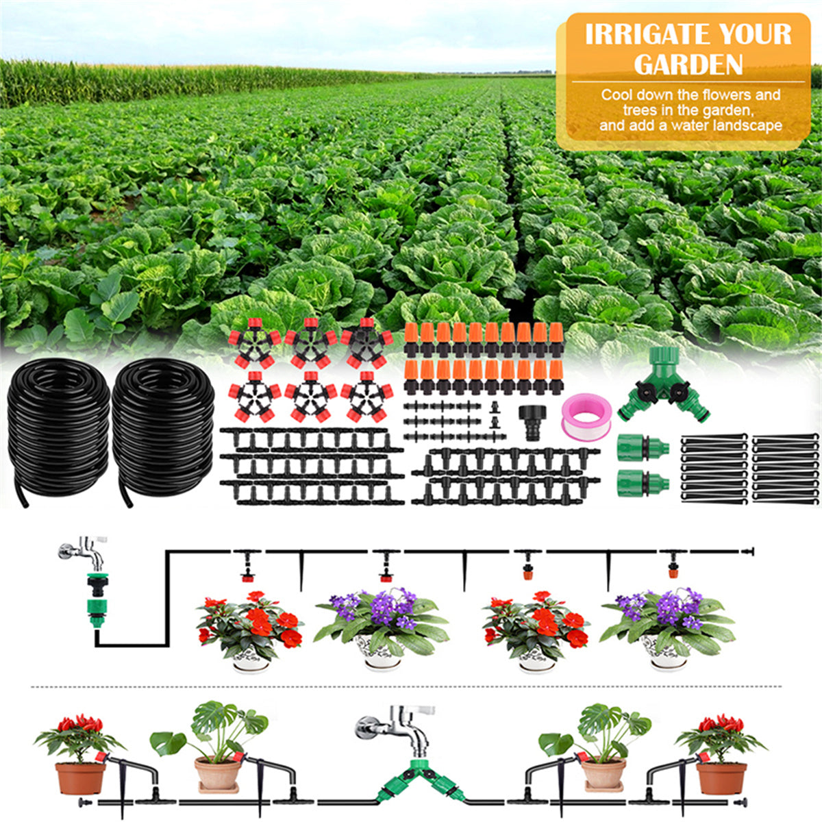 UMEXUS Garden Irrigation System， 130FT/40m Drip Irrigation Kit DIY Saving Water Automatic Irrigation Equipment Set for Garden Greenhouse， Flower Bed， Patio， Lawn