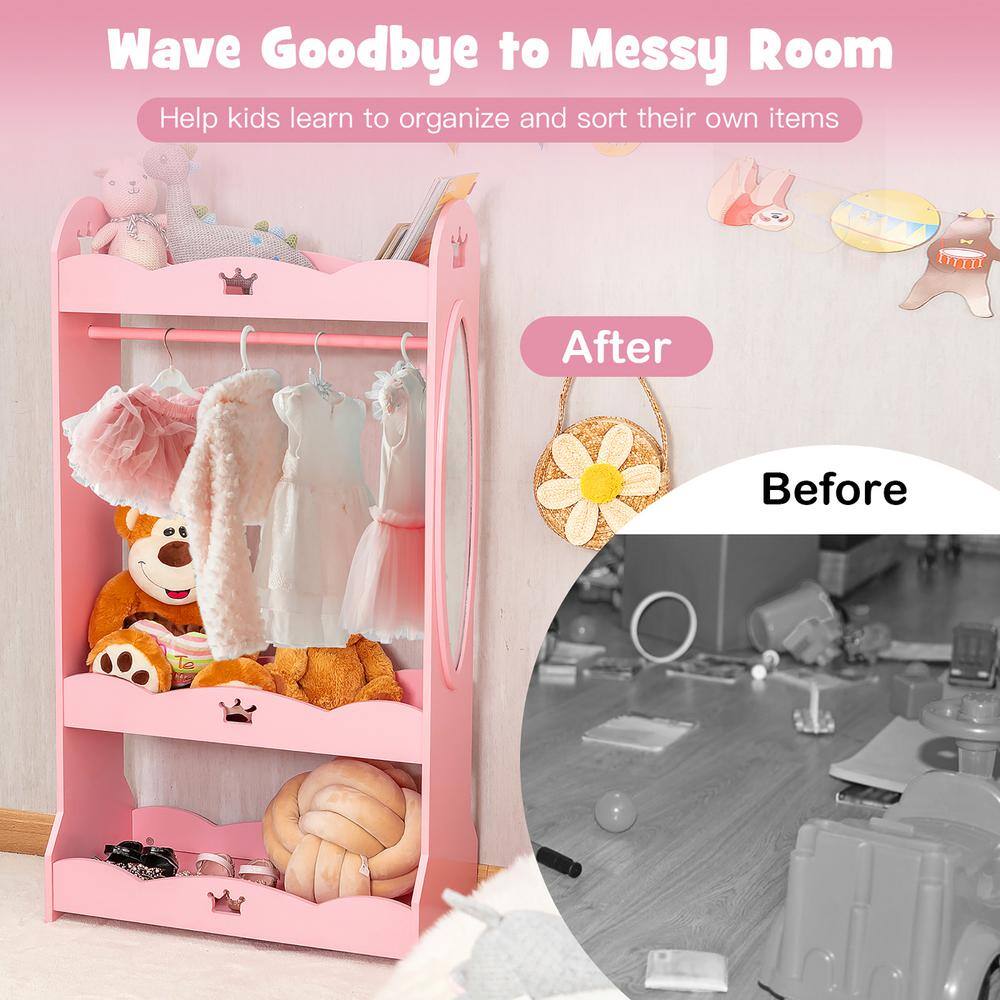 Costway Kids Dress Up Storage Hanging Armoire Dresser Pretend Costume Closet with Mirror TP10023PI