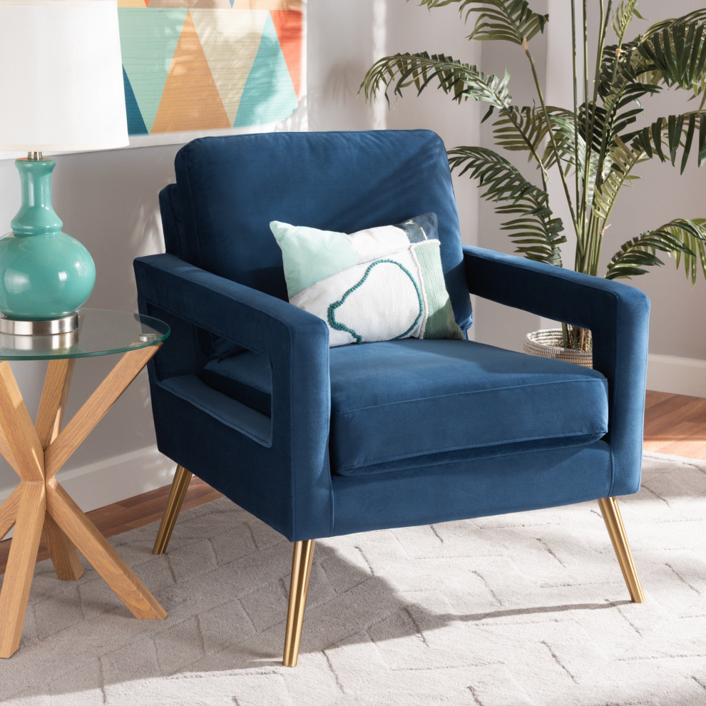 Contemporary Armchair  Angled Golden Legs  Navy Blue Velvet Seat With Open Arms   Contemporary   Armchairs And Accent Chairs   by Declusia  Houzz