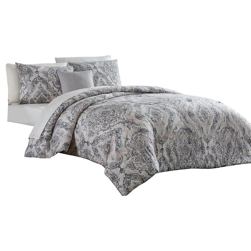 Lance 8 Piece King Bed Set， Damask Print， The Urban Port， White， Gray