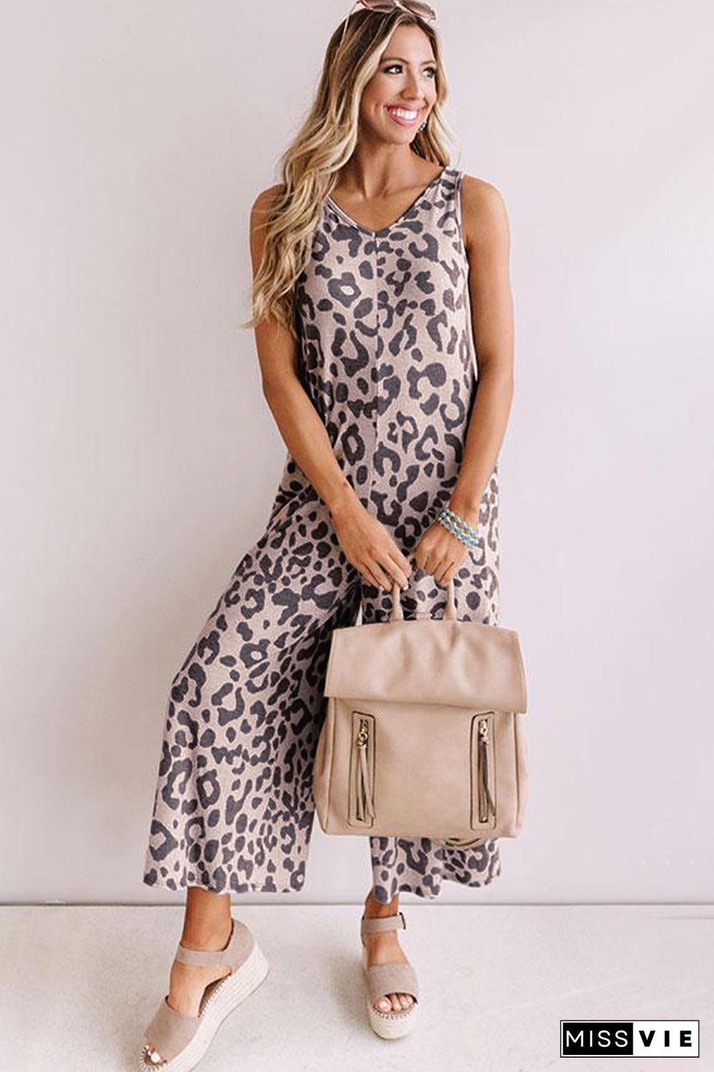 Leopard Leopard Print Pockets Wide Leg Sleeveless Jumpsuit