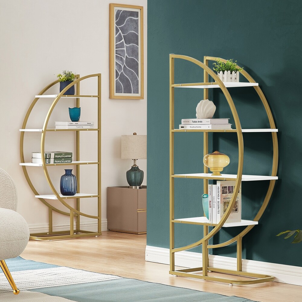 4 Tiers Home Office Round Shape Open Bookshelf with Gold Metal Frame