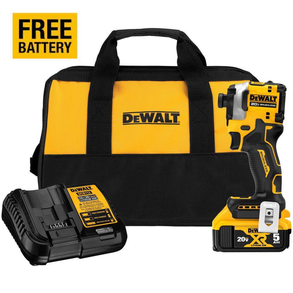 DW ATOMIC 20V MAX Lithium-Ion Cordless 14 in. Brushless Impact Driver Kit 5 Ah Battery Charger and Bag DCF850P1