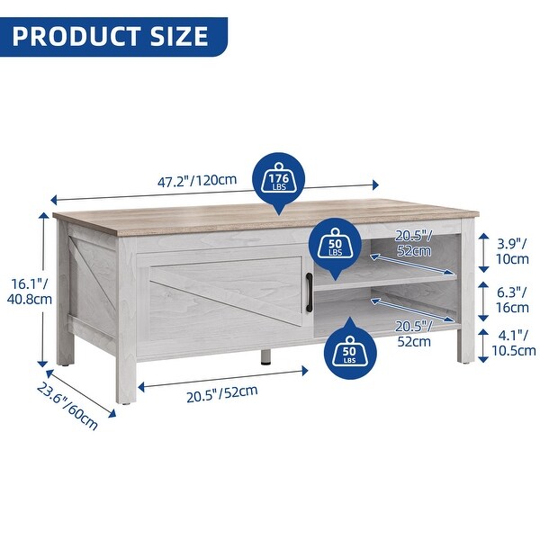 Farmhouse Wood Coffee Table with Storage Sliding Barn Door Adjustment Shelf Height