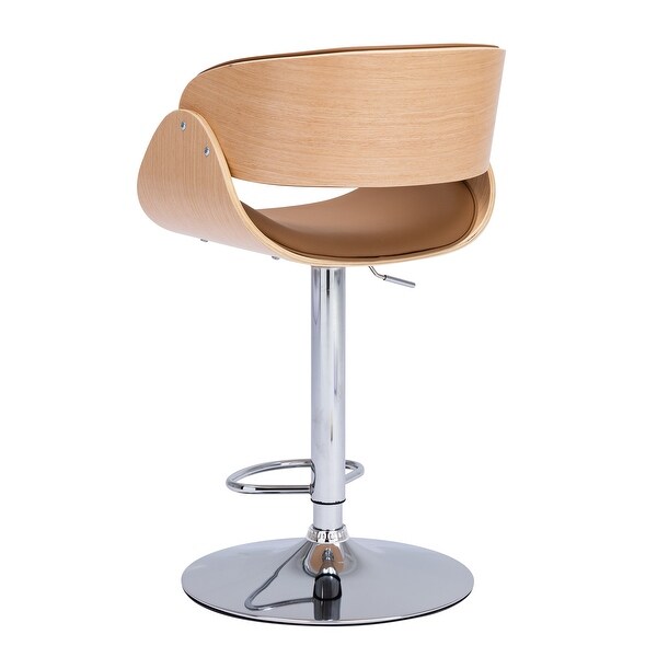 Adjustable Ecru Bent Wood Swivel Bar Stool， PU Leather