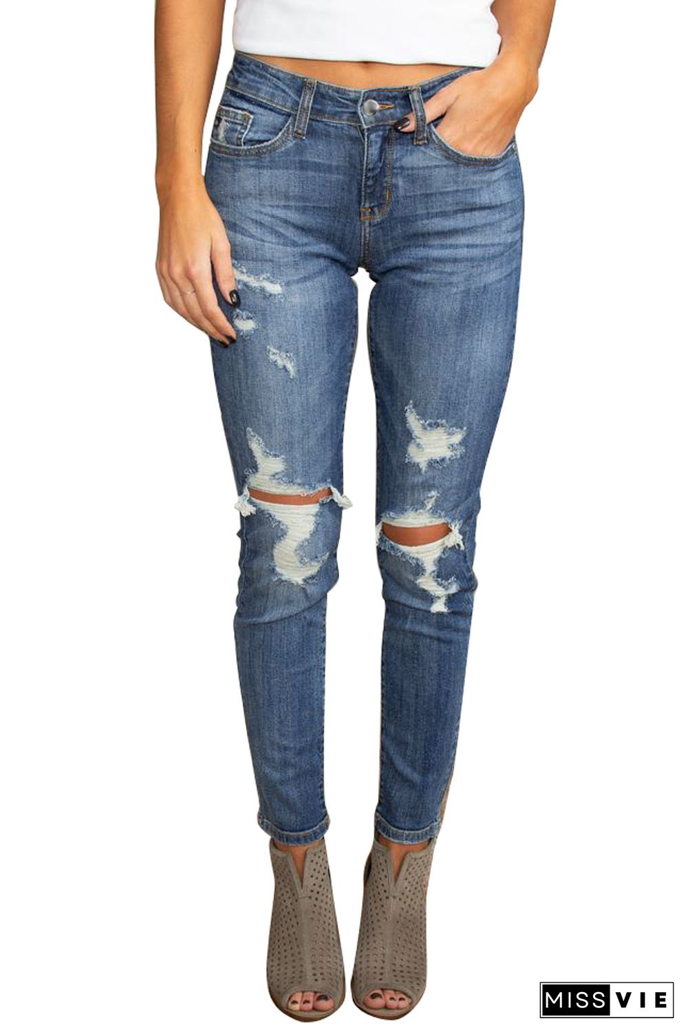 Blue Hollow Out Vintage Skinny Ripped Jeans