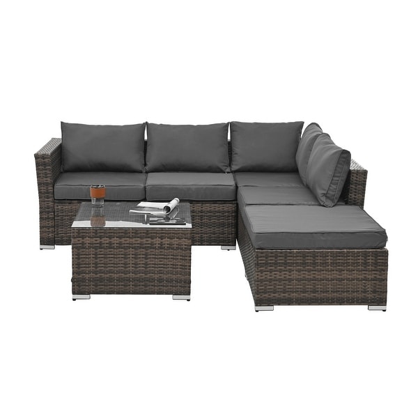 4Piece Patio Conversation Wicker Furniture Set，Sectional Sofa Set with Tempered Glass Coffee Table，Sofa Chair and Ottoman Sets