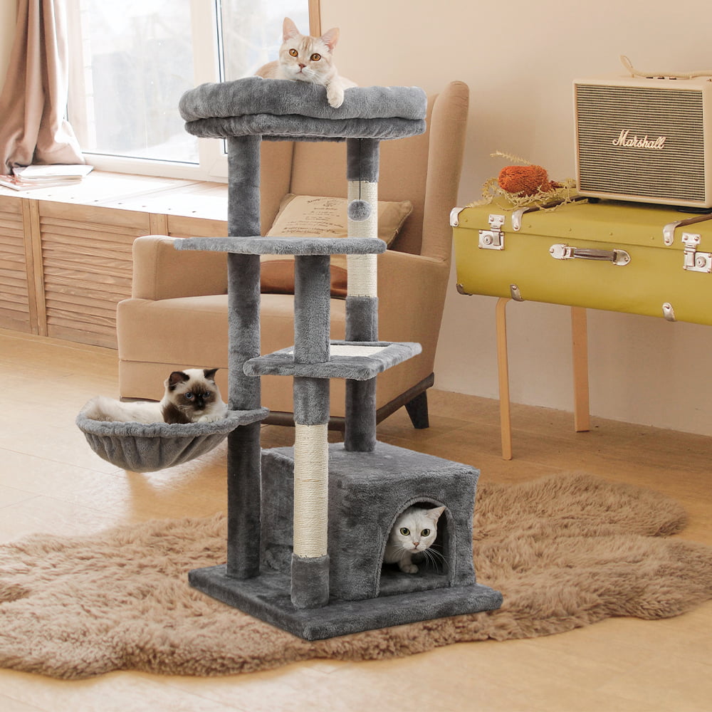 Cat Tree for Indoor Cats， 42 Inches Multi-Level Cat Tower with Sisal Covered Scratching Posts， Spacious Condo， Cozy Hammock and Plush Top Perch