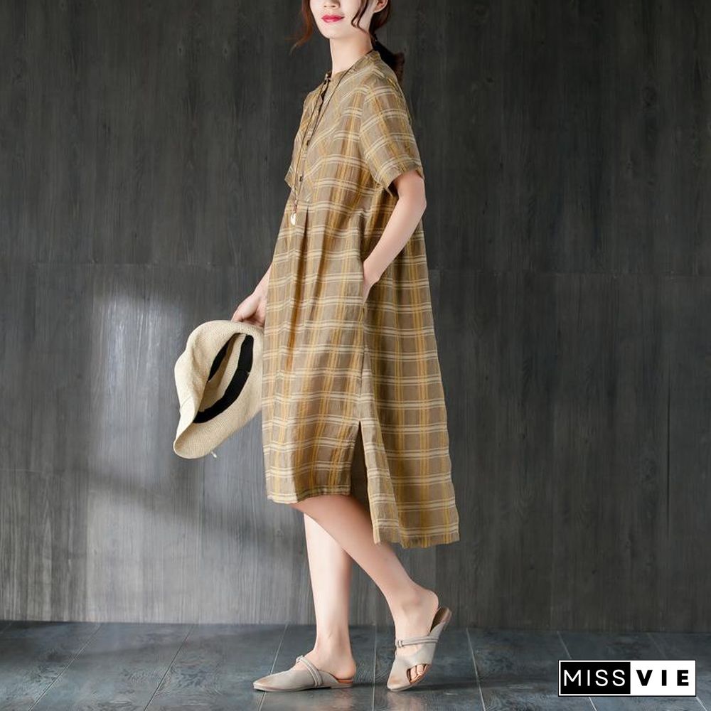 vintage Midi-length cotton dress plus size Lattice Summer Women Dress with Button