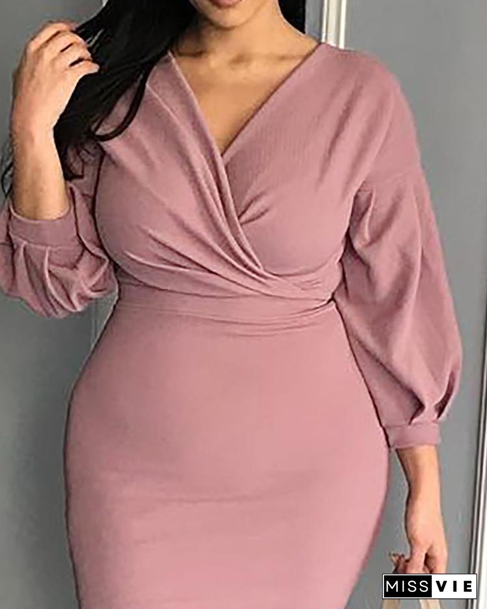 Lantern Sleeve Ruched Bodycon Dress P13058