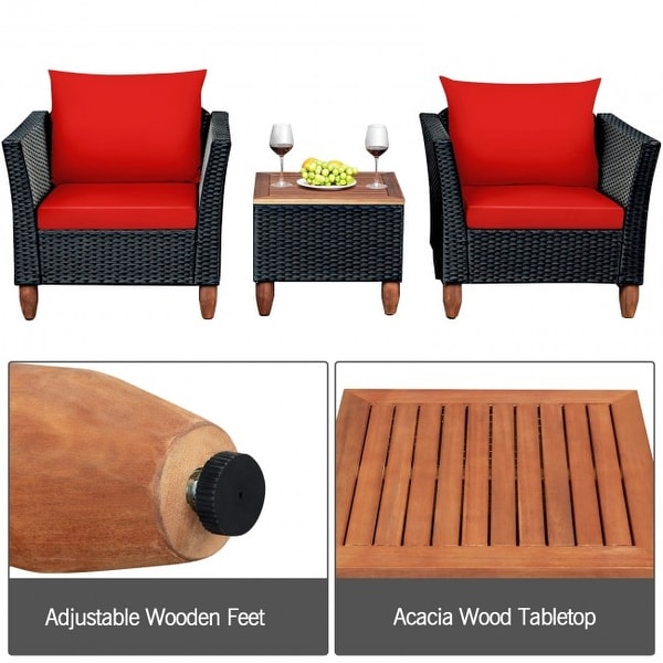 3 Pcs Outdoor Patio Rattan Furniture Set Wooden Table Top Cushioned Sofa