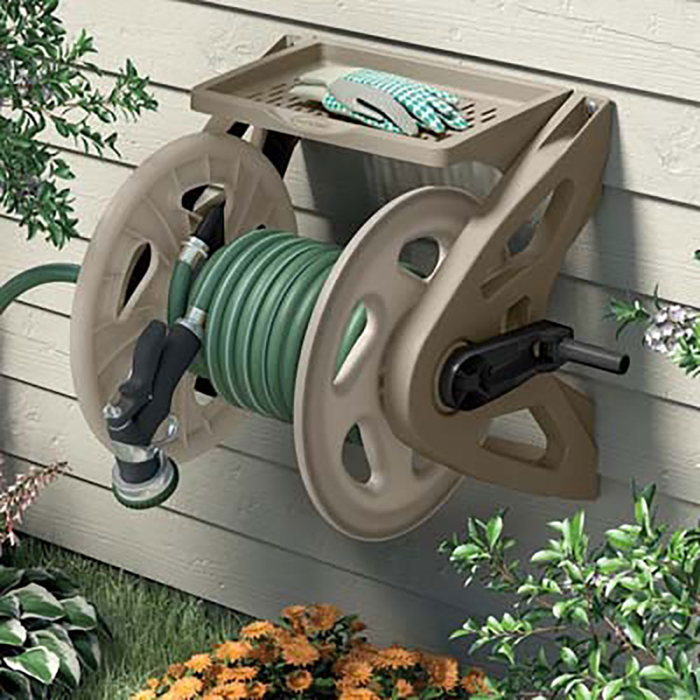 Suncast Handler 200 Foot Resin Wall Mounted Outdoor Garden Hose Reel， Taupe