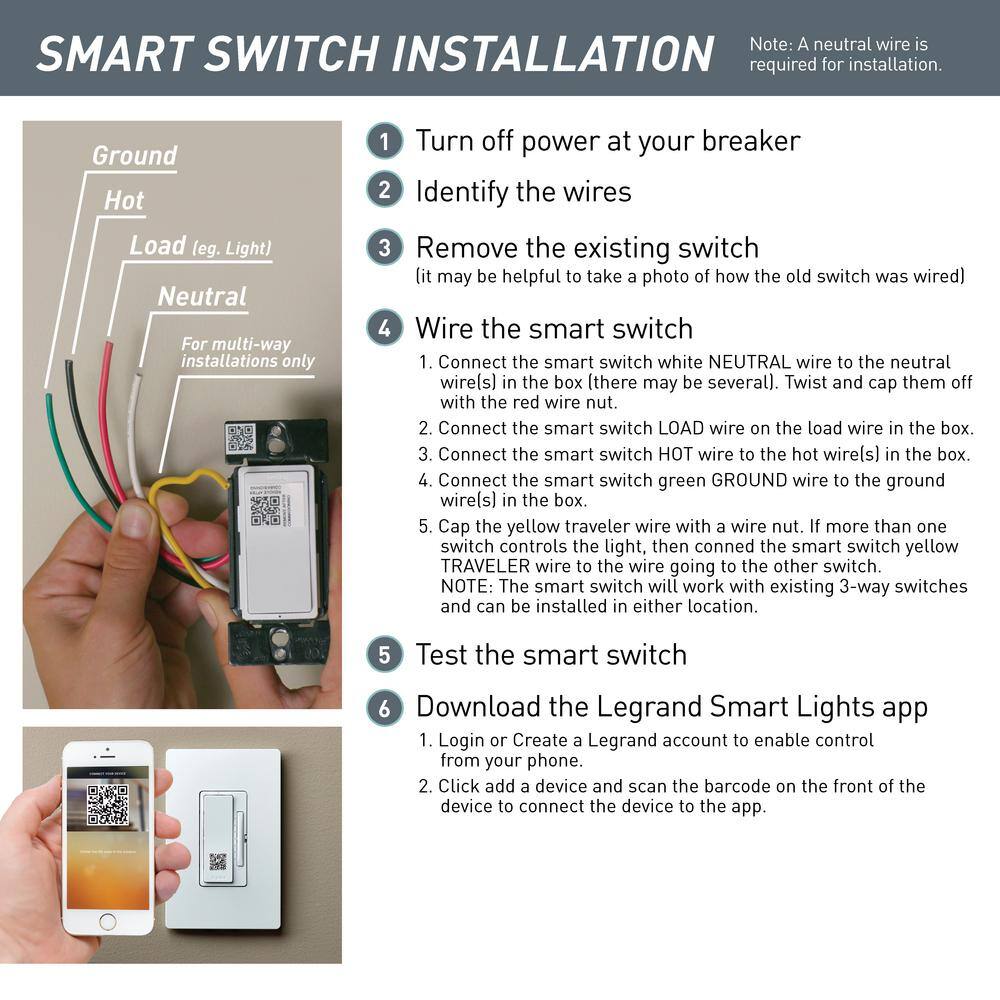 Legrand radiant Smart 15 Amp 120-Volt Single-Pole3-Way Wi-Fi Rocker Light Switch White WWRL10WHCCV2