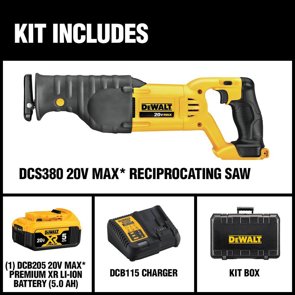 DW 20V MAX Cordless Reciprocating Saw with (1) 20V 5.0Ah Battery and Charger DCS380P1