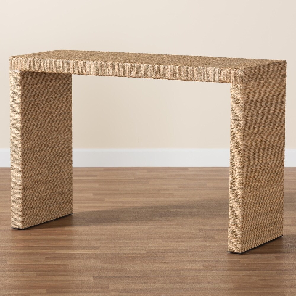 Colandra Modern Bohemian Natural Brown Seagrass and Wood Console Table