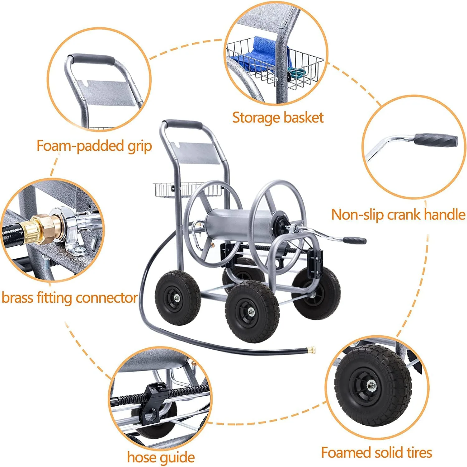 Hose Reel Cart, Hose Reel Cart with Wheels Heavy Duty, Industrial Hose Reels for Outside, 250-Feet of 5/8