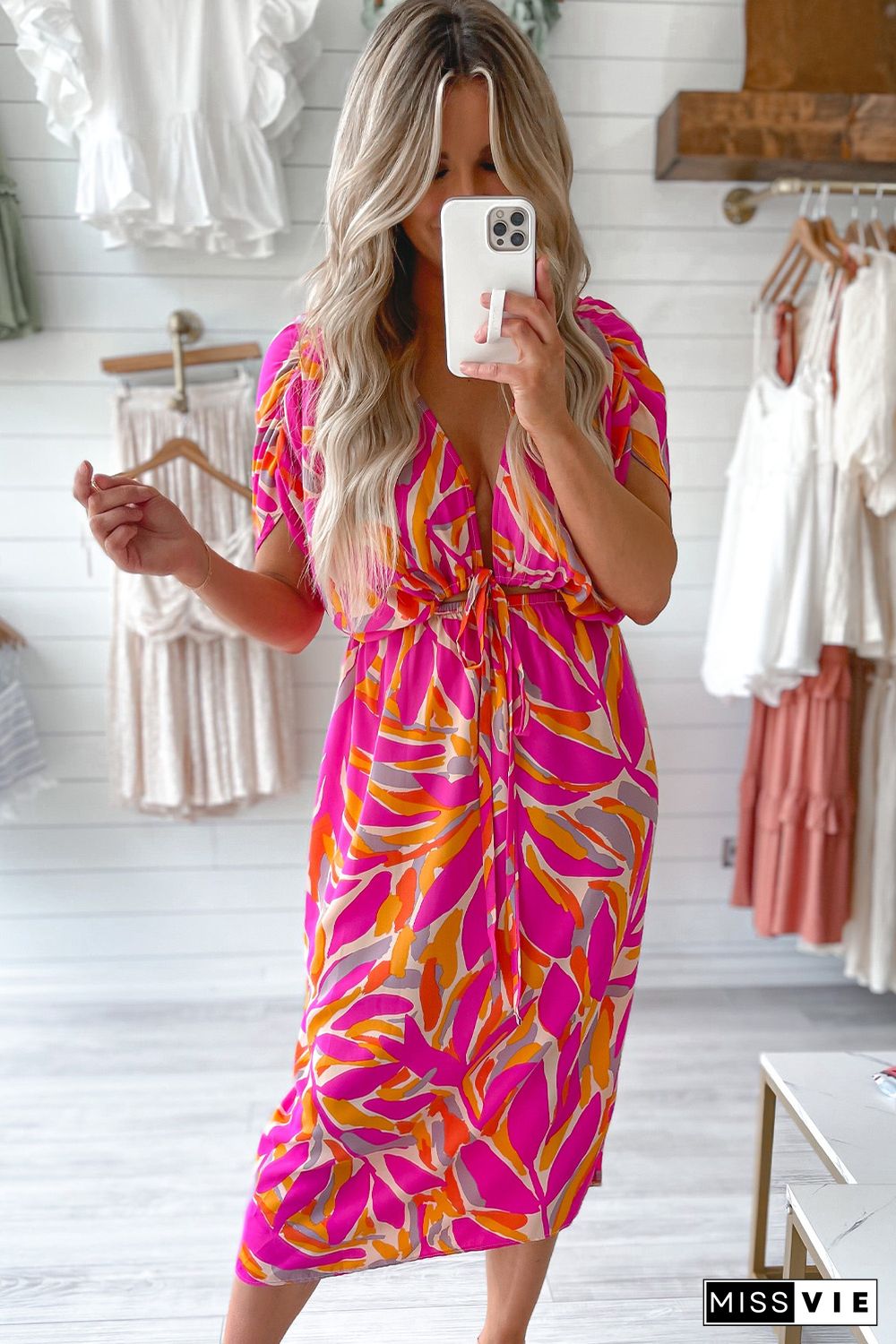 Rose Tropical Leafy Print Drawstring V Neck Midi Dress