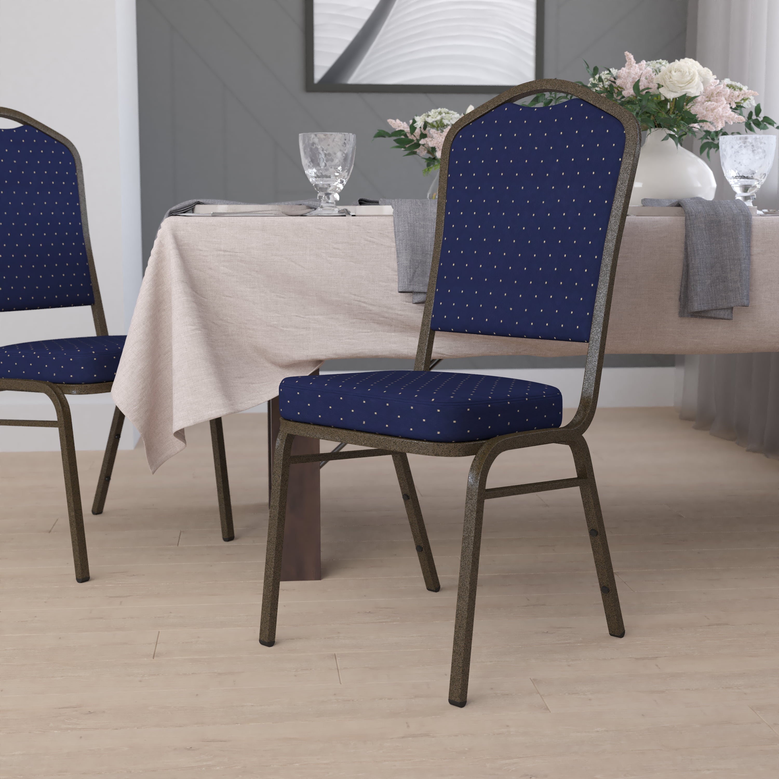 BizChair Crown Back Stacking Banquet Chair in Navy Blue Dot Patterned Fabric - Gold Vein Frame