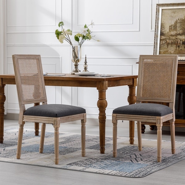 French Style Solid Wood Frame Linen Fabric Antique Painting Rattan Back Dining Chair(Set of 2)